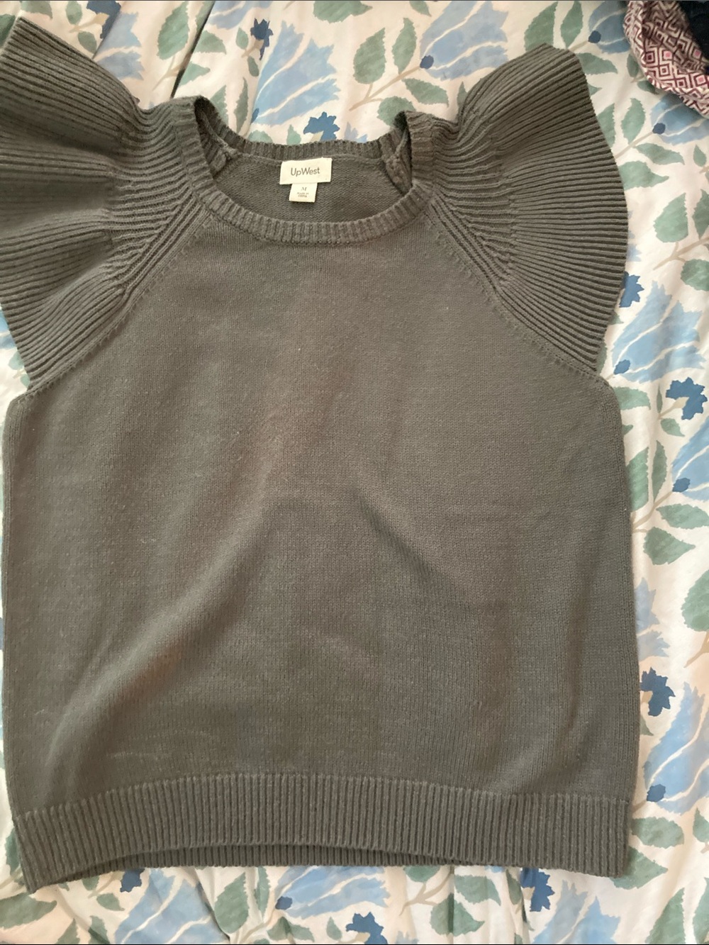 UpWest Gray Ribbed Ruffle-Sleeve Crewneck Sweater